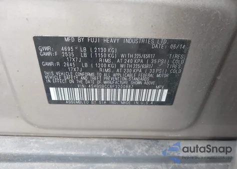 2015 Subaru Outback 2.5I Premium from USA, damaged, VIN 4S4BSBCC6F3200887